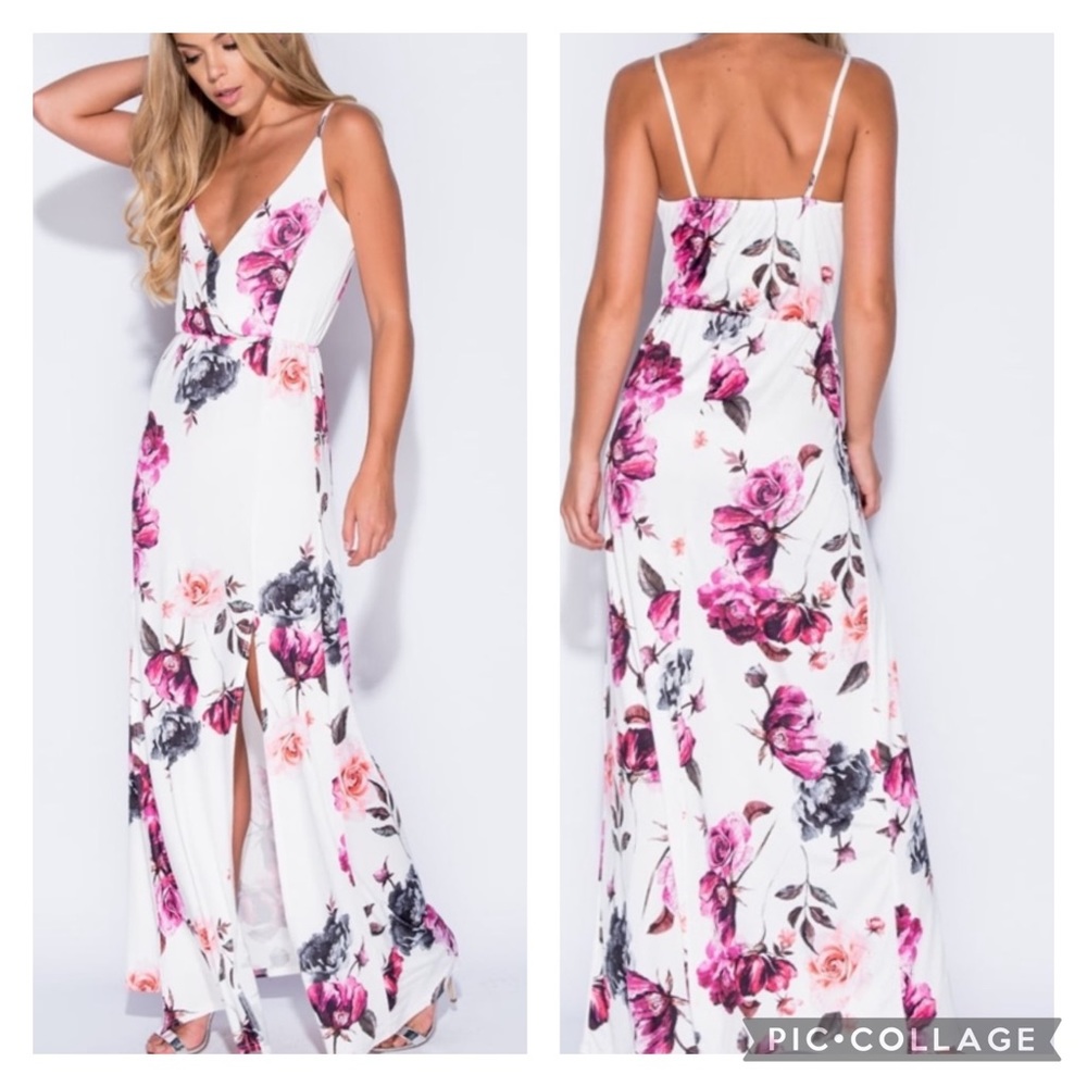 Floral Wrap Front Slit Bottom Maxi Dress